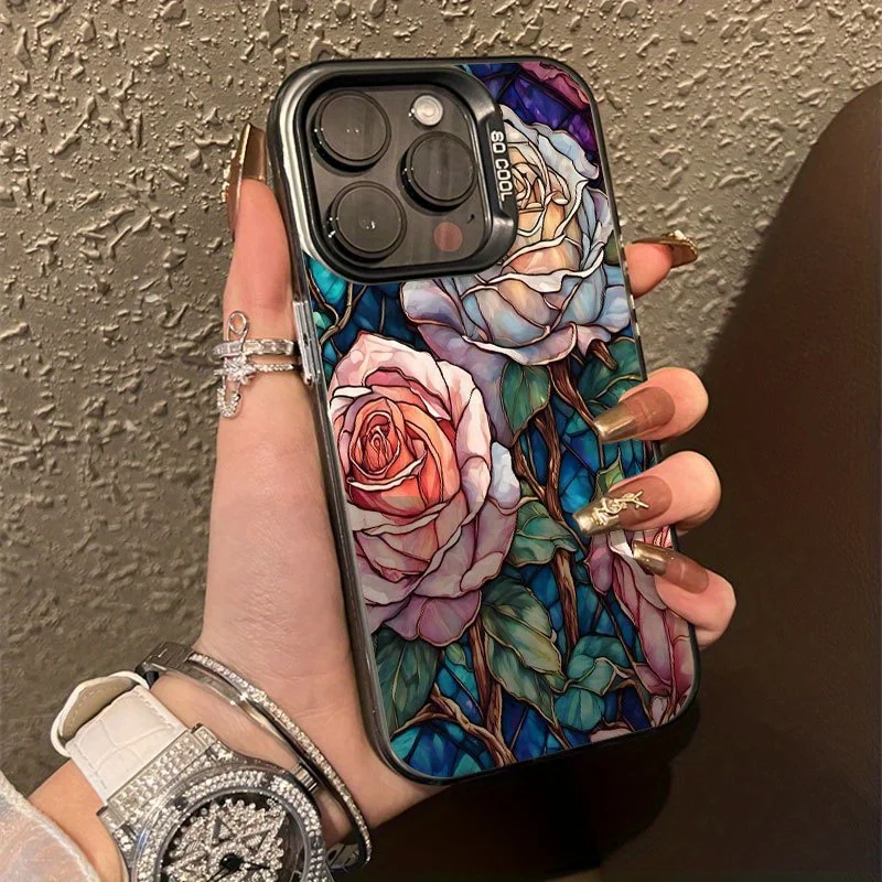 

White Rose Pattern Phone Case for iPhone 16 15 14 13 12 11 Pro/ Max/Plus Anti-Fingerprint Anti-Shock Rear Cover