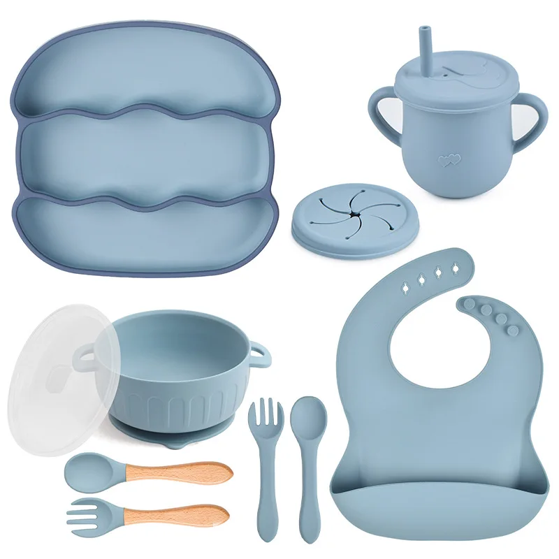 Silicone Dinossauro Placa com Tampa, Impermeável Bib Cup, Colher De Madeira, Garfo, Bowl Set, Recém-nascido Alimentação, Anti Slip Talheres, 10Pcs