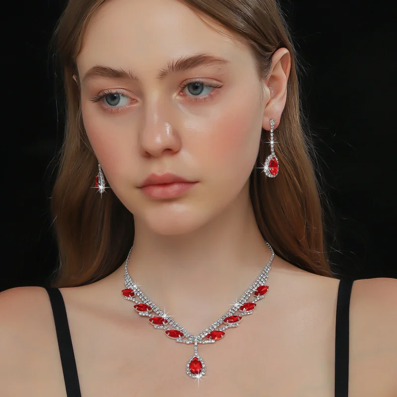 

New Bridal Set Necklace Earrings Two-Piece Set Zircon Wings Water Drop Wedding Jewelry Evening Dress Accessories