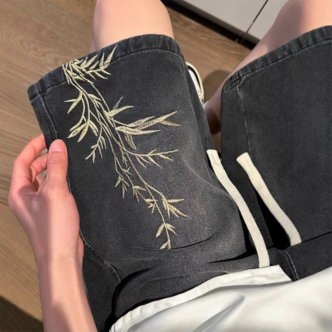新しい中国風の刺繍デニムショートパンツメンズ夏薄いトレンディなブランド国民風ストレート5点パンツ