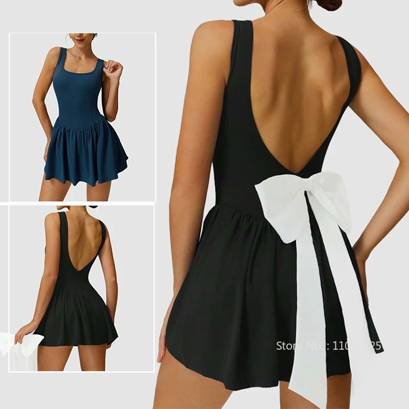 

Женское сексуальное теннисное платье с V-образным вырезом и открытой спиной, плиссированные тренировочные платья без рукавов, встроенный бюстгальтер и шорты, женские юбки для фитнеса с большим бантом