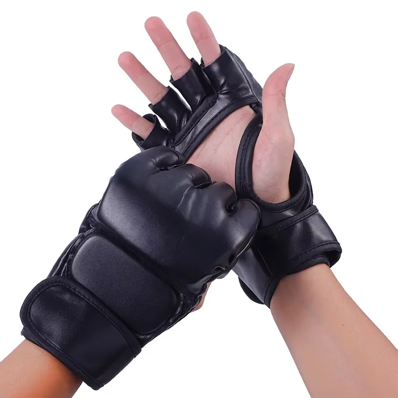 1Pair Half Finger Boxing Gloves PU Leather MMA Fighting Kick Boxing Gloves Karate Muay Thai Training Workout Gloves Men