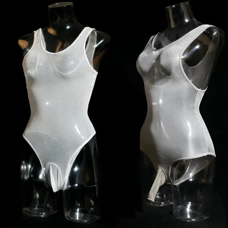 

Sexy Men Ultra-thin Bodysuit Oily High-fork One Piece With JJ Sleeve U Convex Pouch COCKring Open Sheath Tight Bandage Gay Wear