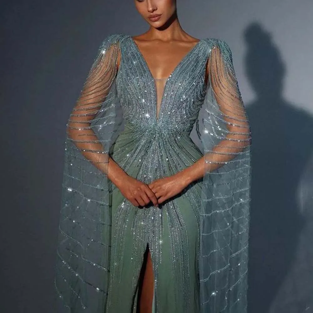 Exquisite Green Evening Party Dresses V-neck Floor Length Mermaid Cloak Sequined Backless High Split Women Banquet Prom Gowns