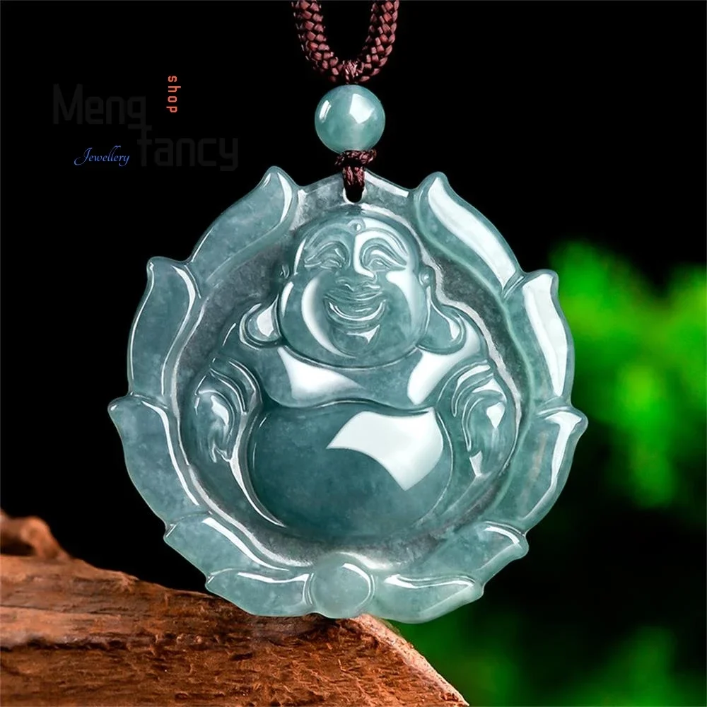 

Natural A-goods Jadeite Blue Water With Buddha in the Heart Jade Pendant Exquisite Engraver Amulets Mascots Fashion Fine Jewelry