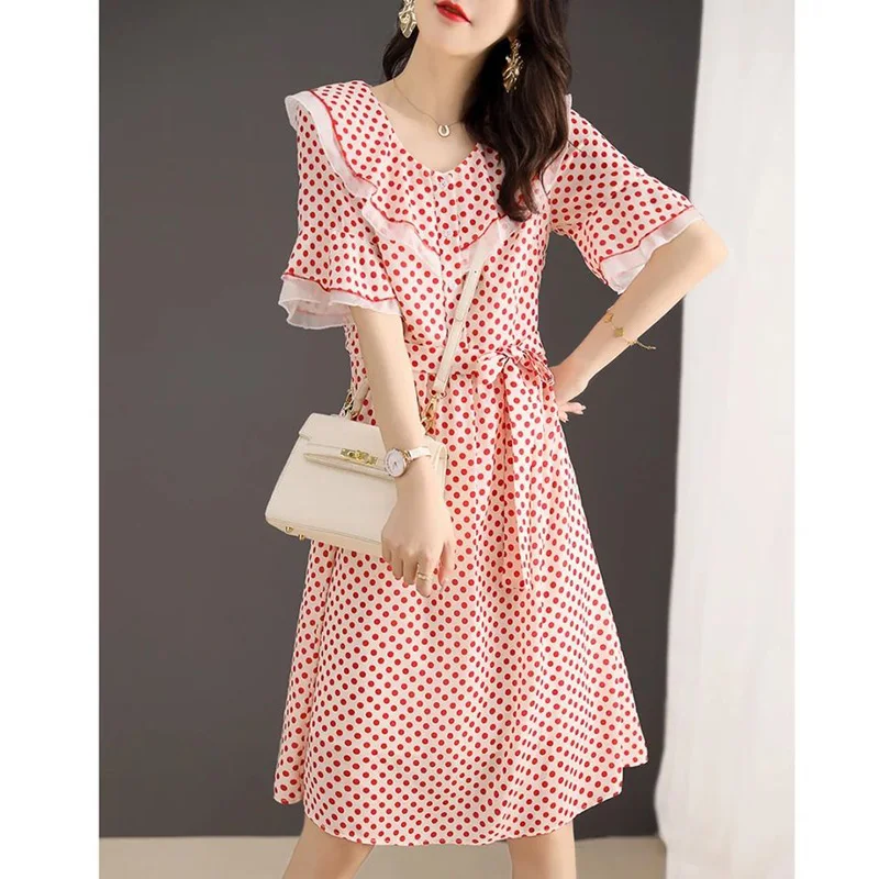 

Elegant V-Neck Spliced Loose Bandage Bow Ruffles Midi Dress Women's Clothing 2023 Summer New Office Lady Polka Dot Long Dress