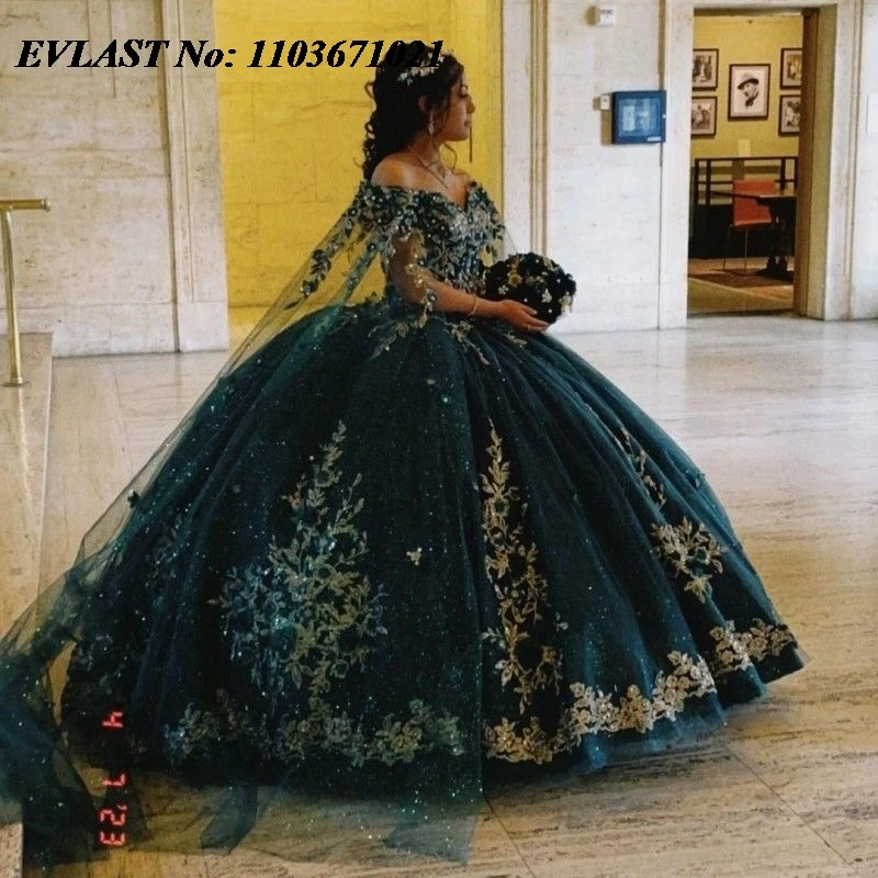 

EVLAST Emerald Green Quinceanera Dress Ball Gown Gold Lace Applique Beaded With Cape Mexico Sweet 16 Vestidos De XV 15 Anos SQ41