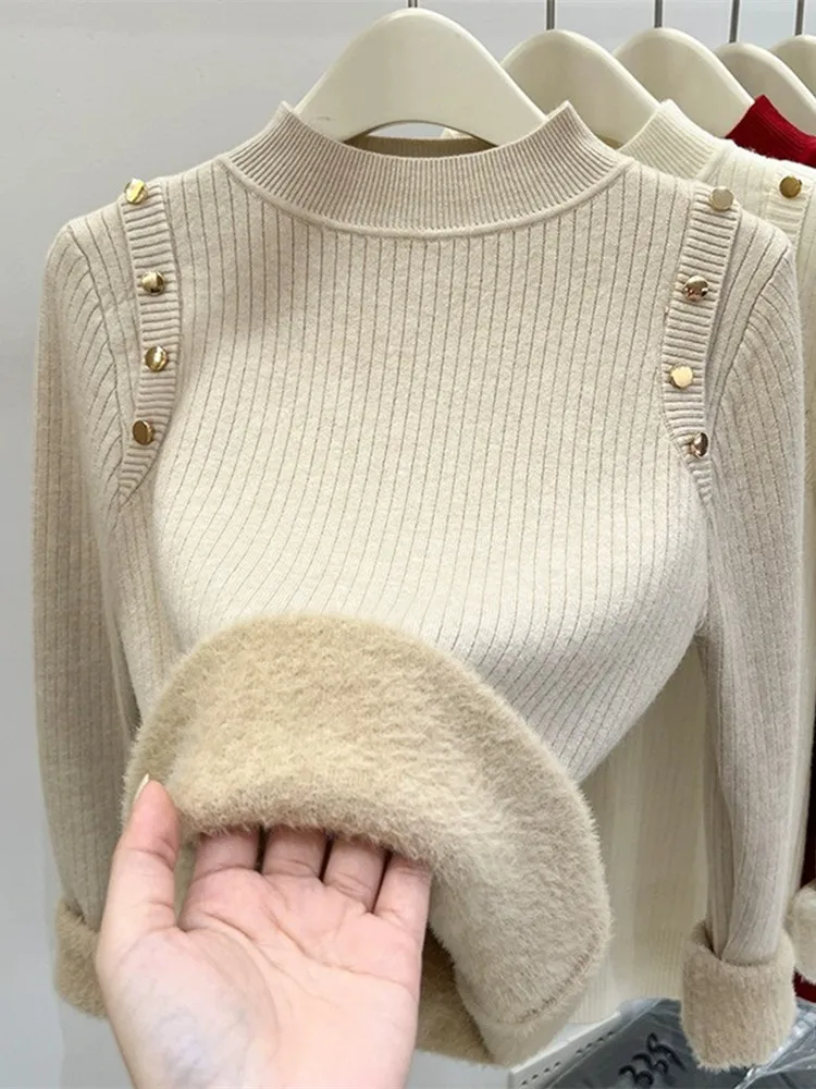 

Thiened Knitted Base irt Women's f High Collar Rivet Sweater Inner Wear Top Warm Flannel One-Piece Fall Winter New Sle