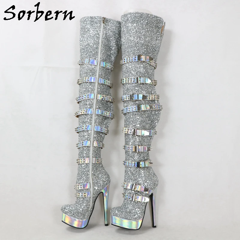 Sorbern Silver Glitter Punk Boots Women Cute Round Toe High Heels Rivets Holo Silver Open Back Thigh High Boot Ladies Custom Leg