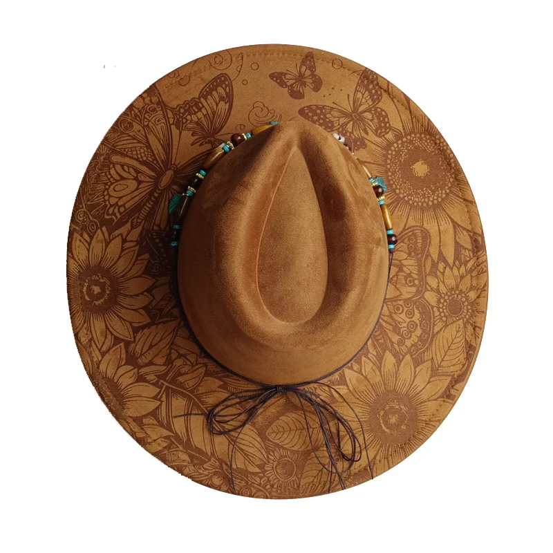 Designer Burned hat Patterns Suede Finish Fedora 9.5cm Brim Early Autumn Style featuring pyrography and burn effect