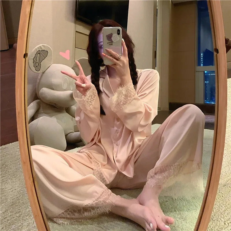 Frühling Sommer 2-teiliges Set Damen Eisseide Pyjamas V-Ausschnitt Spitze Kurzarm Loungewear Mädchen Lässige Lockere Prinzessinnen-Pyjama-Sets