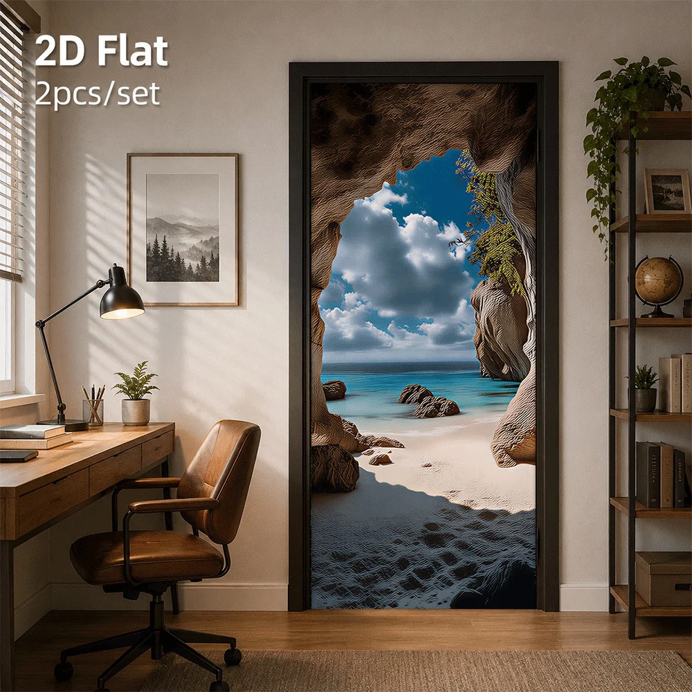 1 piece of natural scenery door sticker, ocean beach cave decoration sticker, self-adhesive removable wall sticker, 2D flat