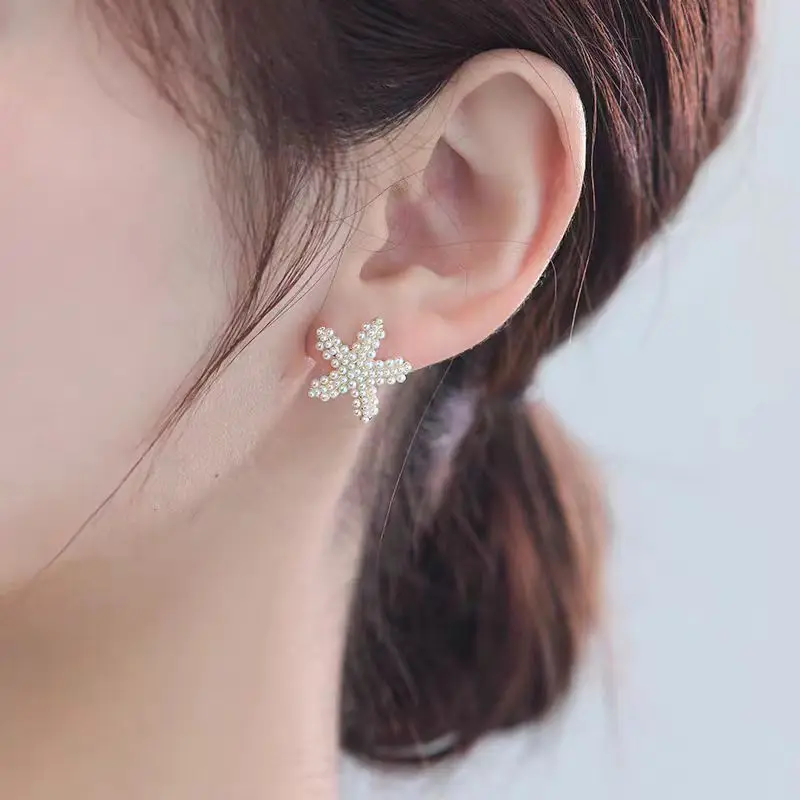 Cute Small Imitation Pearl Starfish Dangle Earrings for Women  Sweet Simple High-grade Temperament Silver Needle Fashion Jewelry