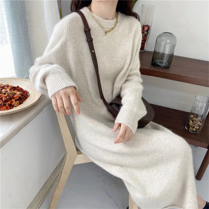 Autumn and winter European cashmere dress women\'s medium length loose and thick knit sweater dress over the knee with sweater