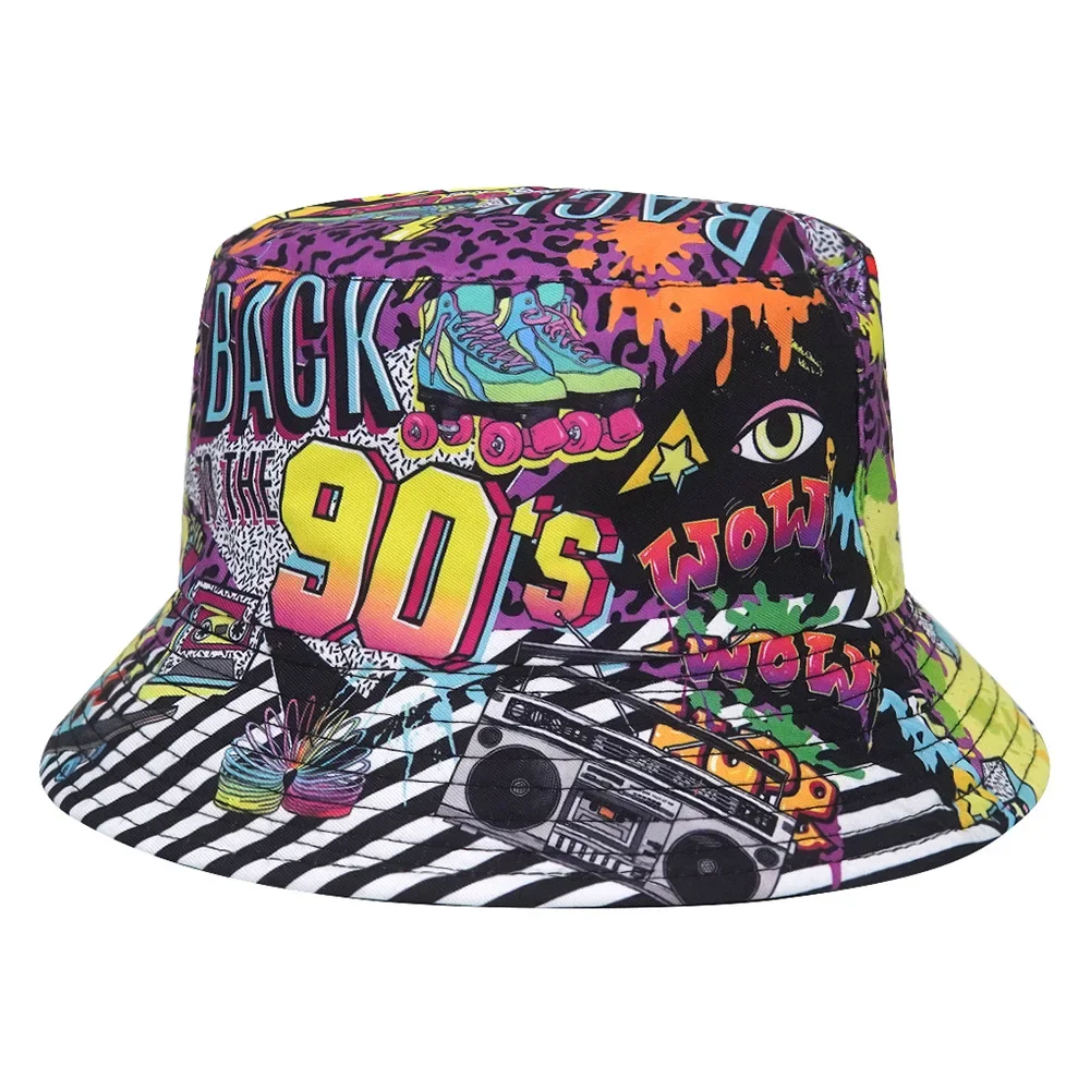 New 80\'s 90\'s Print Summer Sun Protection Bucket Hats for Women Man Fashion Luxury Fisherman Cap Hip Hop Panama Hat Bob Sun Caps