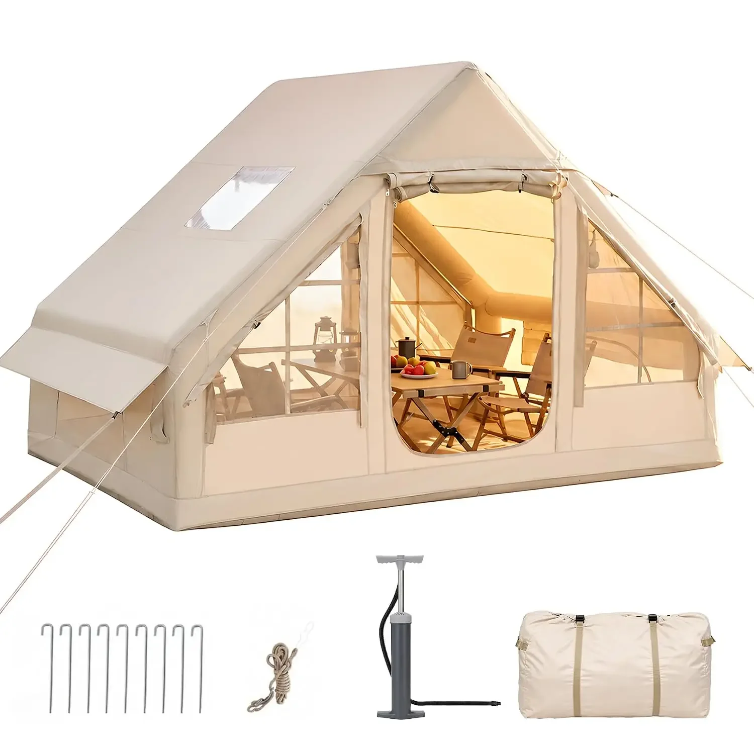 Inflatable Tent for Camping, All-Weather Blow Up Tent with Pump, Glamping Tent with Mesh, Quick Setup Waterproof, Customized