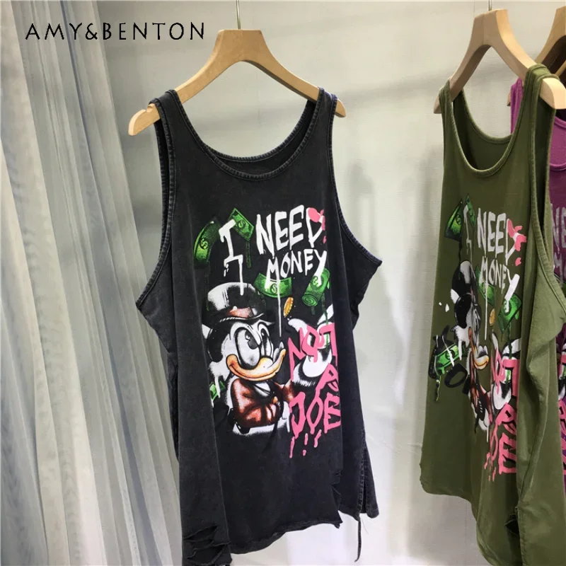 

Potdemiel Heavy-Duty Printed Vest Tees Cute Anti-Aging Cartoon Make Old Ripped Loose Mid-Length Slimming Sleeveless Top Camisole