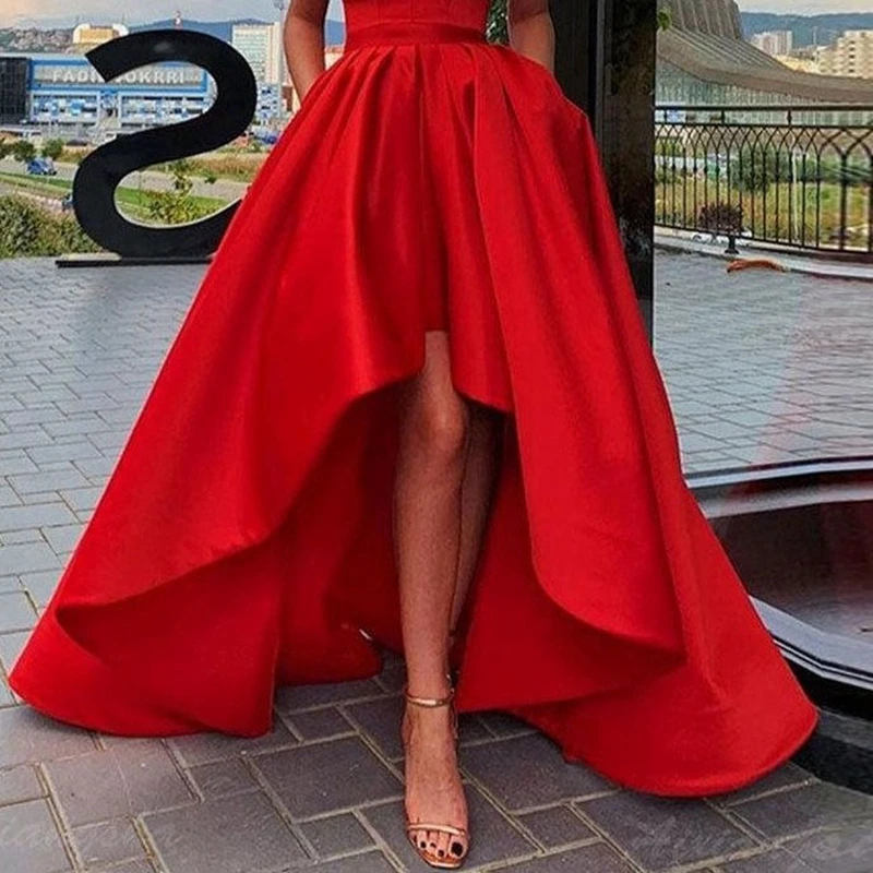 Elegante gonna alta bassa in raso realizzata su misura per la festa serale Prom Ruffles Red Women Fashion gonne High Street muslimah