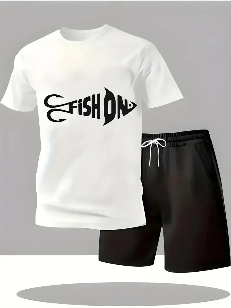 

Мужская летняя повседневная мода с футболкой с короткими рукавами и шортами, быстросохнущий, крутой, свободный и модный комплект из двух предметов.