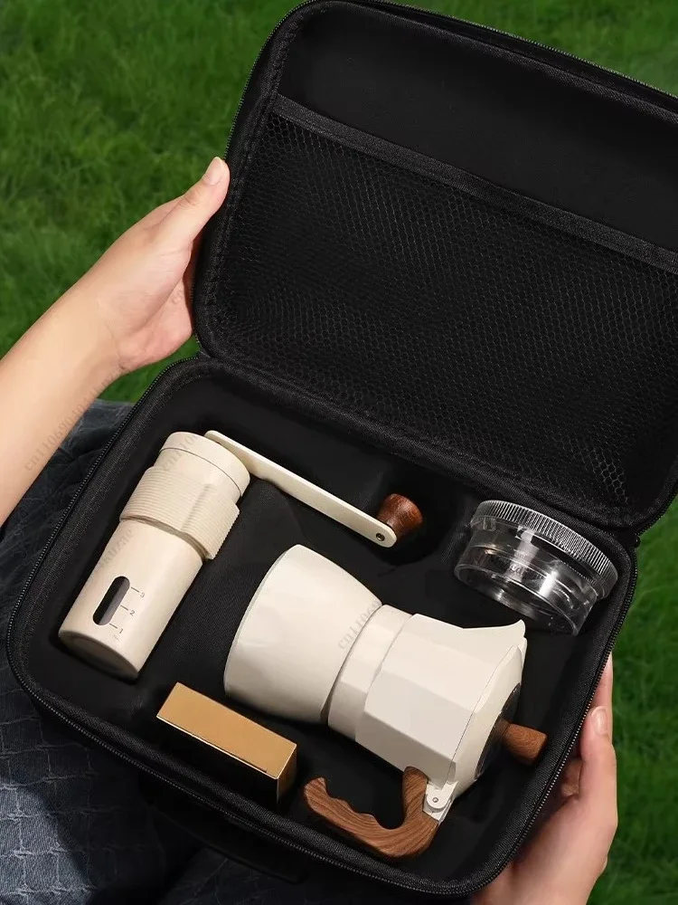 FMT Dual-Valve Moka Pot Set - Portable Outdoor Camping Italian Coffee Maker with Manual Grinder