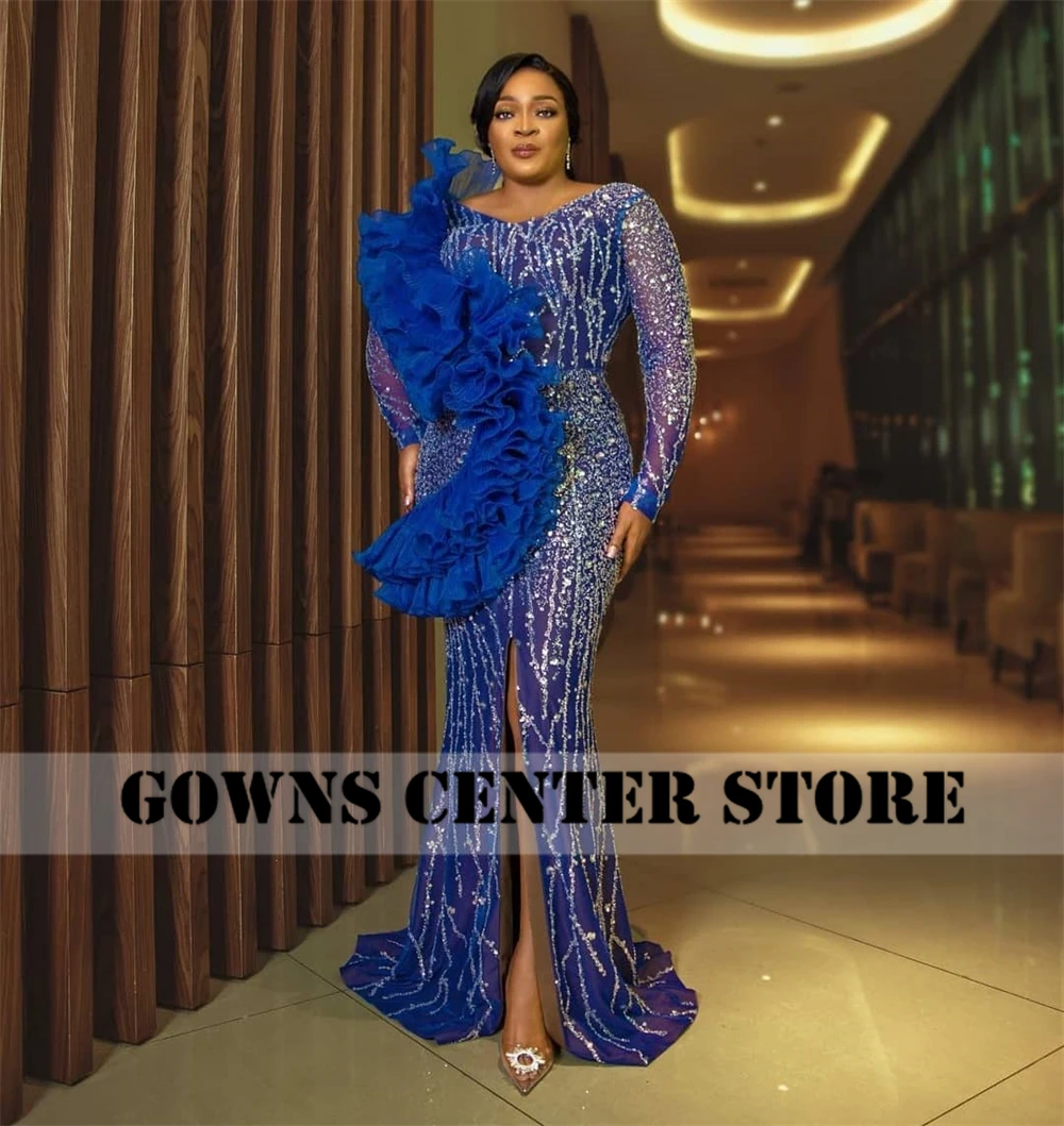Aso Ebi Blue Evening Dresses Ruched African Fashion Dress Women Party Slit Formal Gowns Long Sleeve Dinner Gown robe Customized