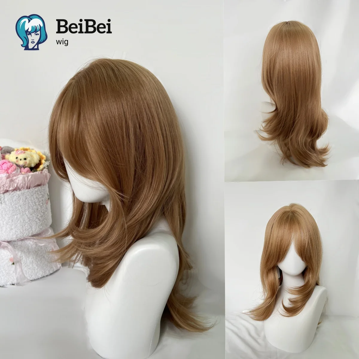 

BeiBei Light Brown Wig Synthetic Wigs with Air Bangs Straight Hair Wigs Lolita Heat Resistant Natural for Daily Cosplay Pelucas