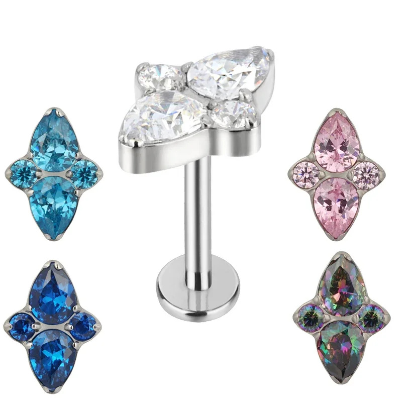 

G23 Titanium PIERC Ear Stud 4 CZ Paved Tops Labret Lip Rings Ear Cartilage Tragus Earring Helix Trendy Body Piercing Wholesale
