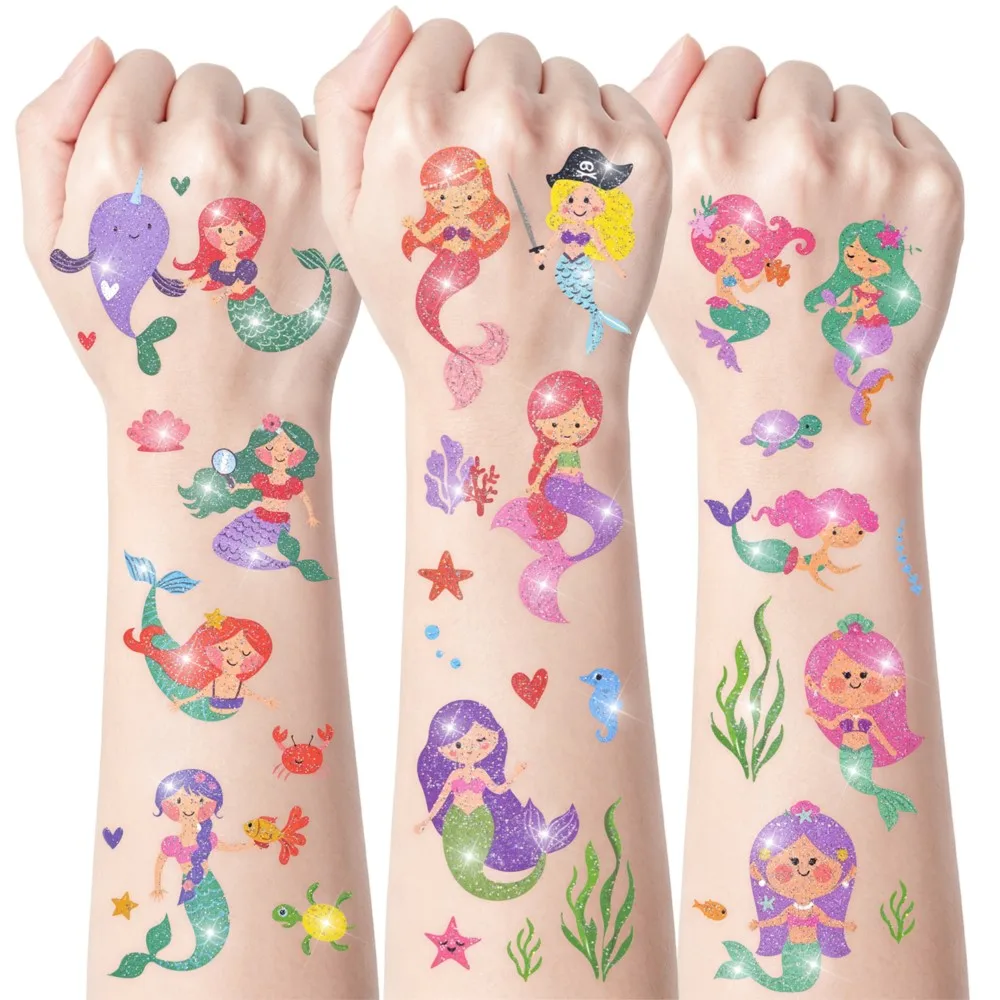 10sheets Kawaii Glitter Little Mermaid Temporary Tattoos for Kids Cute Ocean Sea Themed Tattoo Stickers Party Decorations Suppli