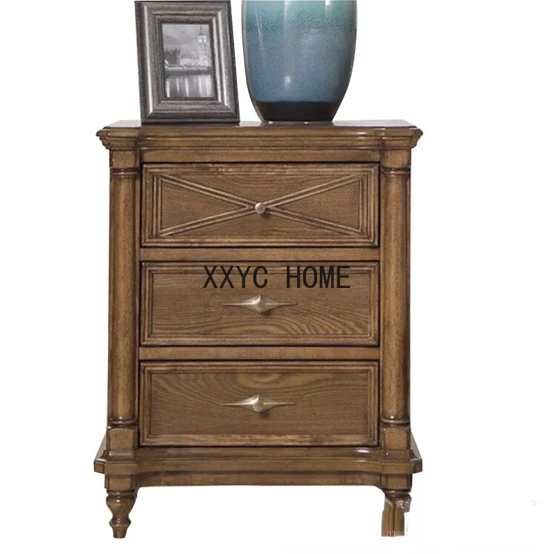 Solid Wood Bedside Cabinet American Simple Three-Bucket Cabinet Locker Bedroom Retro Bedside Drawer Storage Cabinet