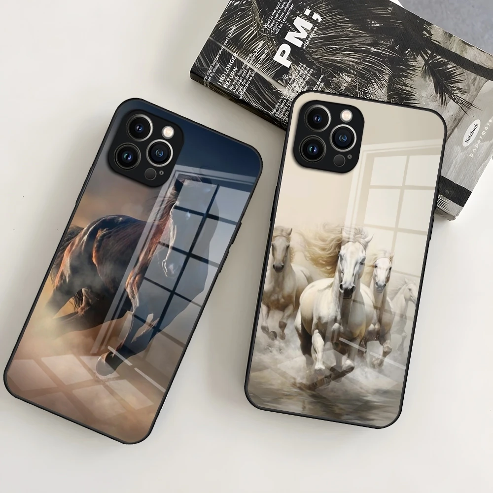 Running Horse Animal Phone Case for iPhone 15 Pro 14 13 12 11 Mini X XS XR Max 6 8 Plus SE 2020 Glass Design Cove