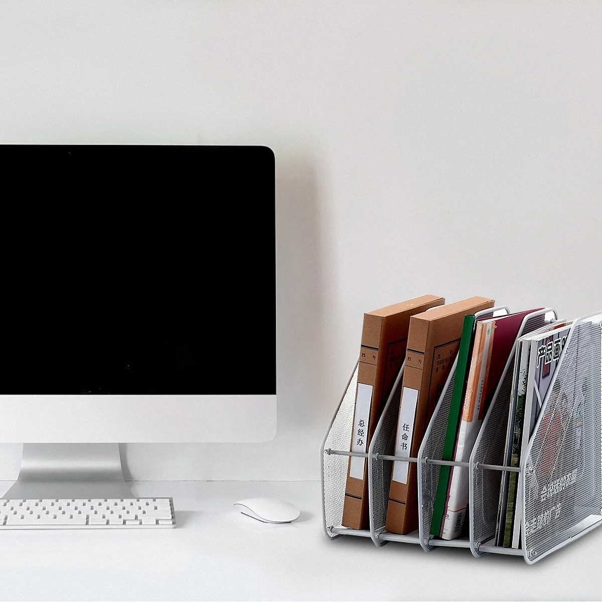 4 Compartment Mesh Metal File Organizer Rack Silver Desktop Document Folder Storage For Magazines Notebooks Directories
