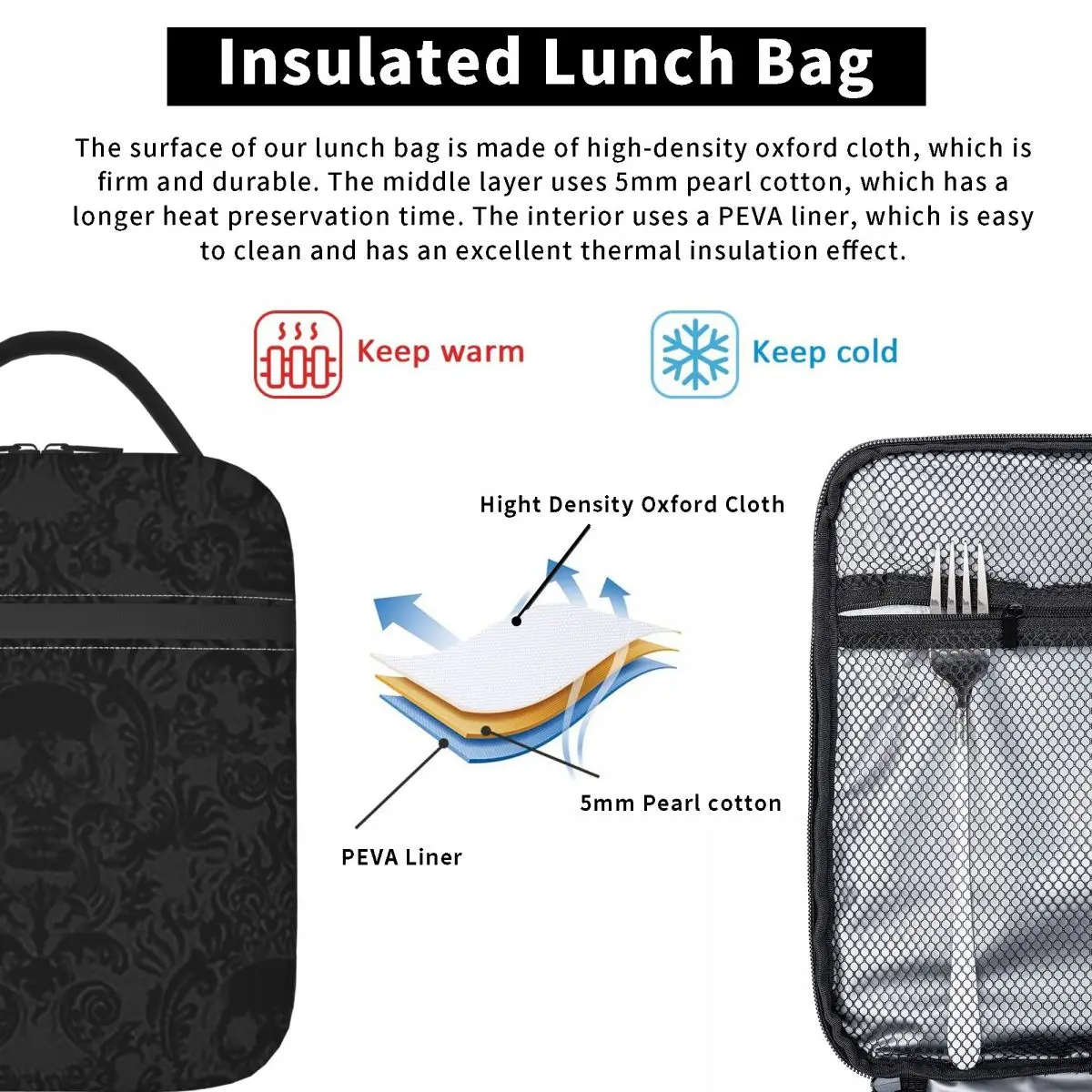 Goth Gothic Black Skull Damask Pattern Insulated Lunch Bag for Women Children Leakproof Food Boxes Thermal Lunch Box Tote