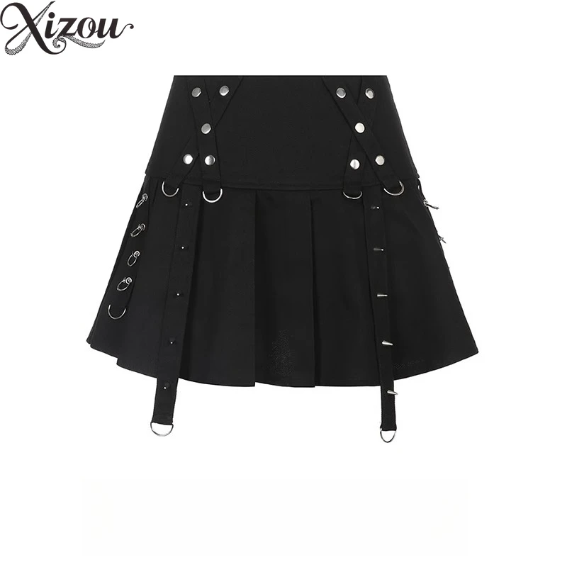 

2025 Dark Girl Rivet Pleated Mini Y2K Skirt Gothic Harajuku Hanging Belt Vest Jazz Dance Cosplay Summer Women's Skirts