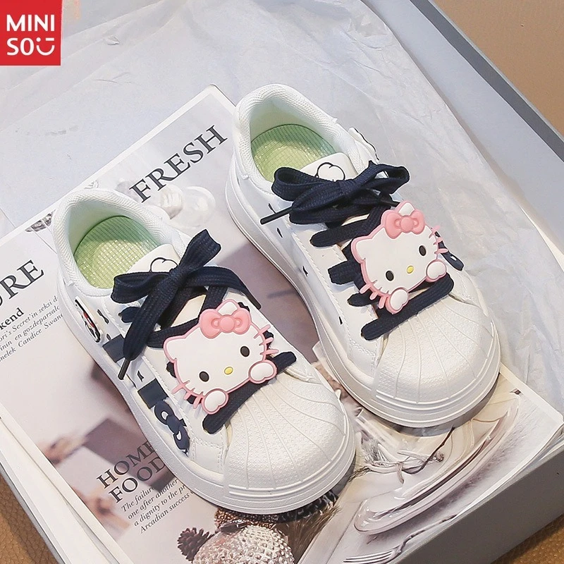 

Miniso 2025 Girls Hello Kitty Low Top Canvas Shoes, Lace Up Anti-Slip Leather Autumn New Student Fashion