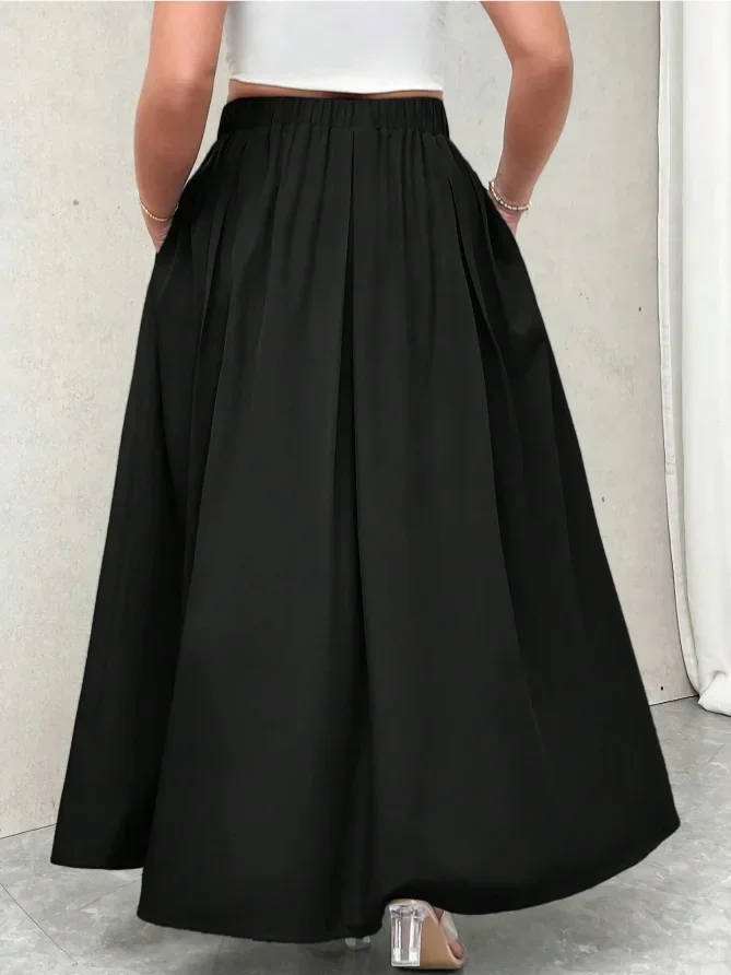 Plus Size Damen Einfarbiger Plissierter Maxirock mit Hoher Taille, Ausgestellter Langer Rock, Lässig-Eleganter A-Linien-Rock für Damen – Detail 9