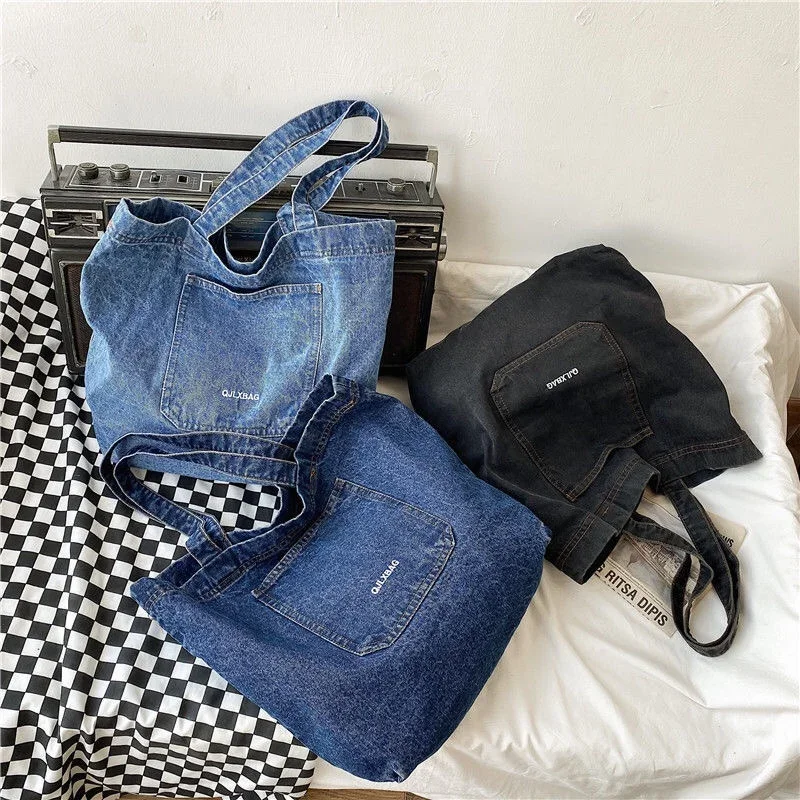 Denim Shopping Bag Large Capacity Portable Open Pocket Commuter Bag Canvas Vertical Square Shoulder Bag