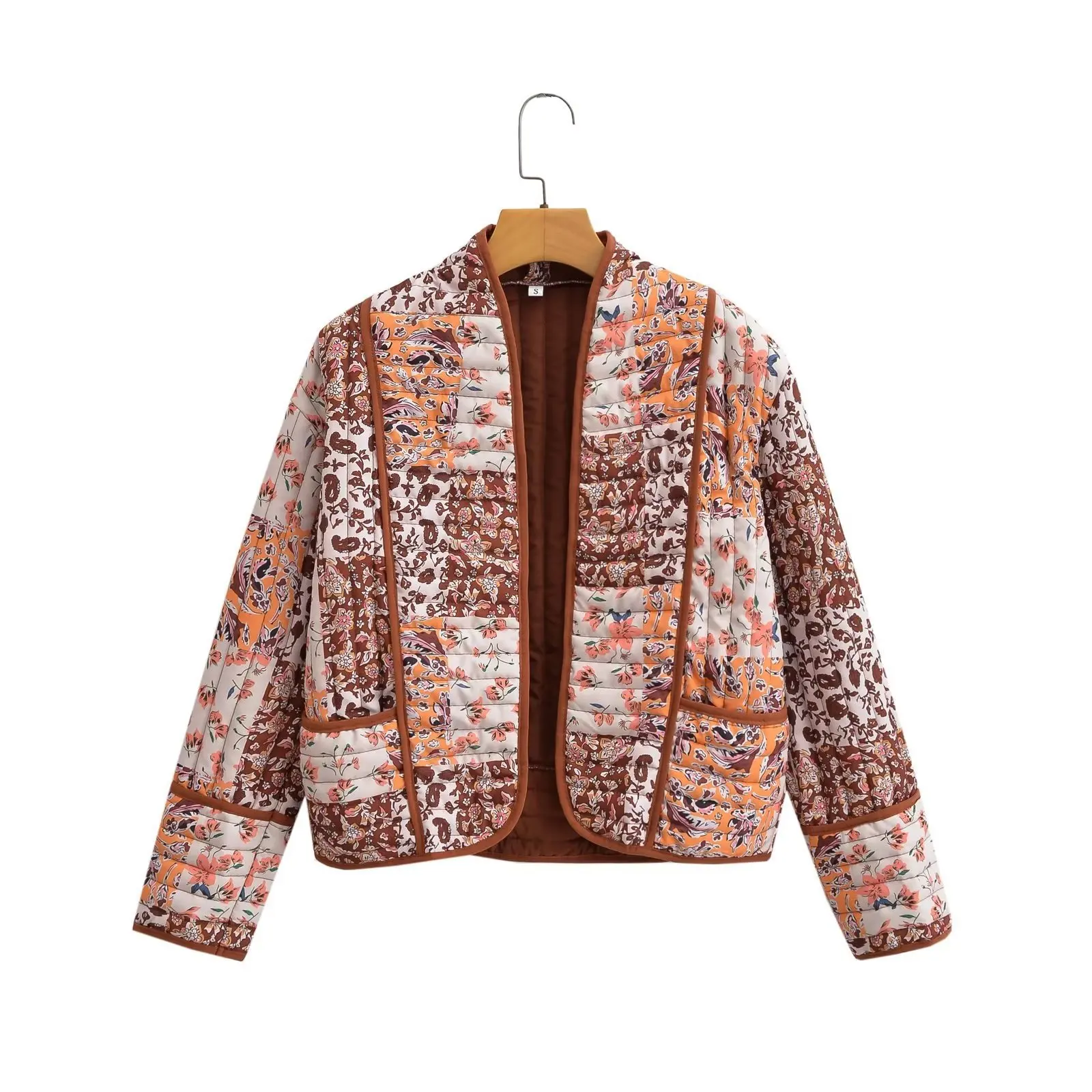 

Women Autumn Quilted Jacket Short Floral Print Jacket Coat with Pocket Casual Office Lady Parkas