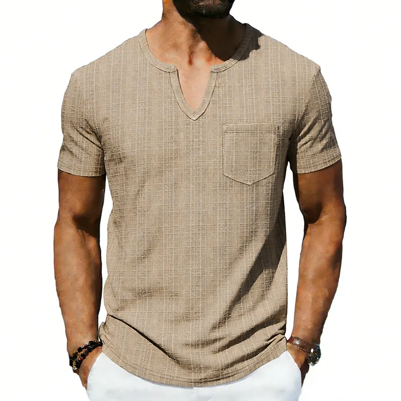 Cross-border loose men's summer breathable bamboo casual Hawaiian beach V-neck short-sleeved T-shirt