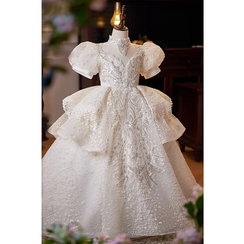 Girls' Formal Dress Princess Gown 2025 New White Heavy Craft Children's Host Piano Performance Dress with Train Wholesale