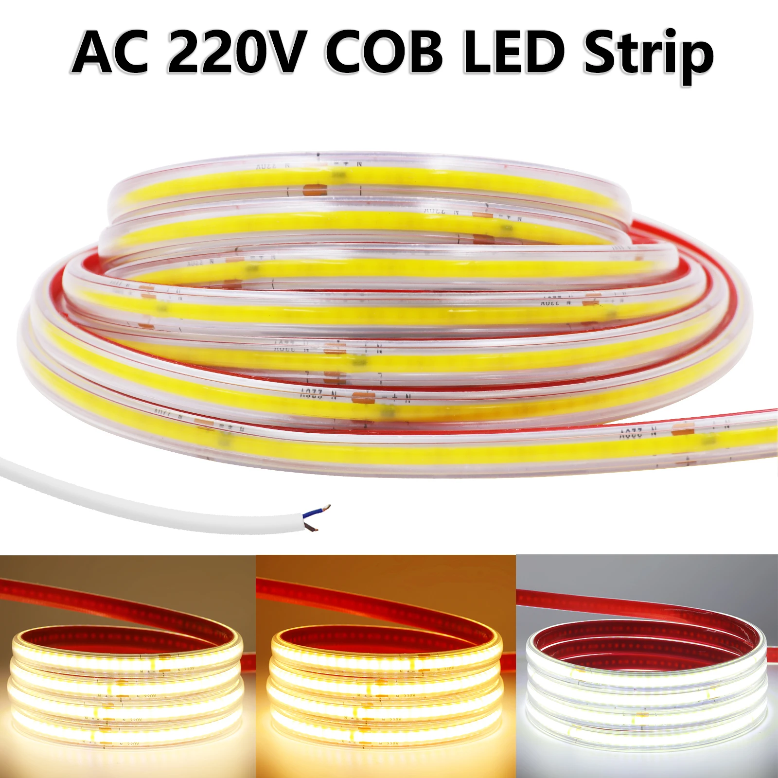 Waterproof COB LED Strip 220V Smart IC No Need Driver High Bright 240LEDs/m Adhesive LED Light Tape Warm Natural White 0.5m-40m