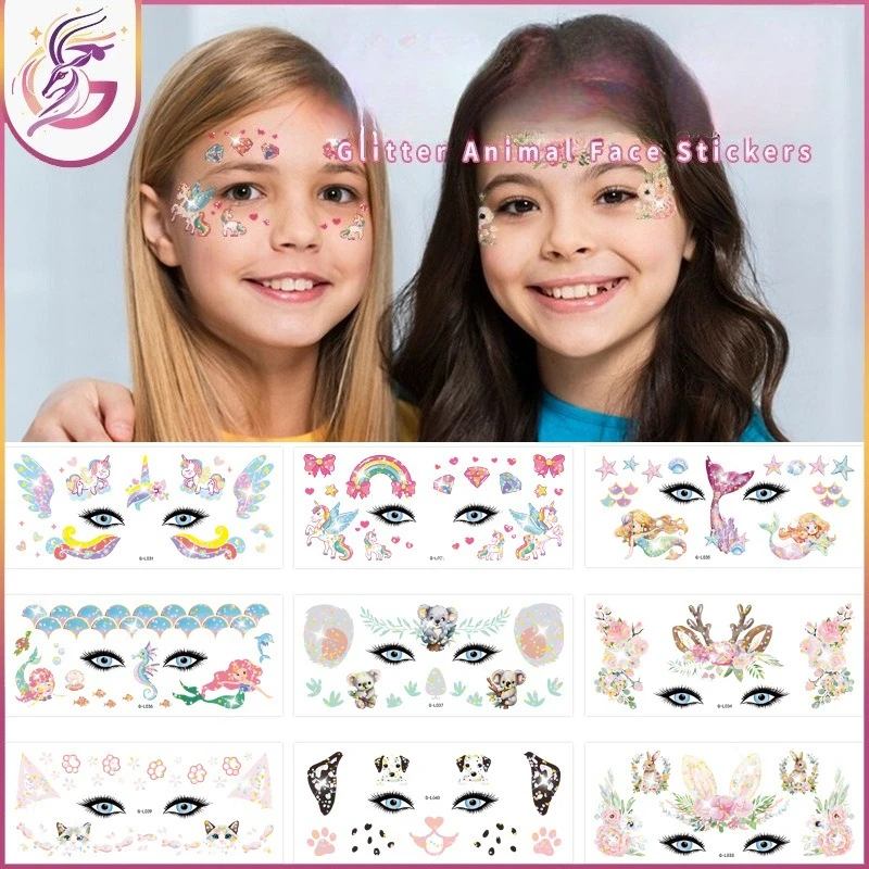 

Блестящие наклейки на лицо животных, 10 шт., детские вечерние одноразовые водонепроницаемые, устойчивые к поту временные татуировки для дня рождения, подарок