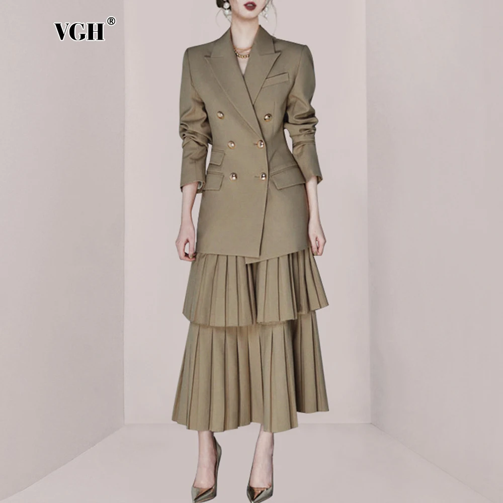 VGH Elegant Two Piece Sets For Women Notched Collar Long Sleeve Spliced Button Blazer High Waist Pleats Skirt Formal Set Female