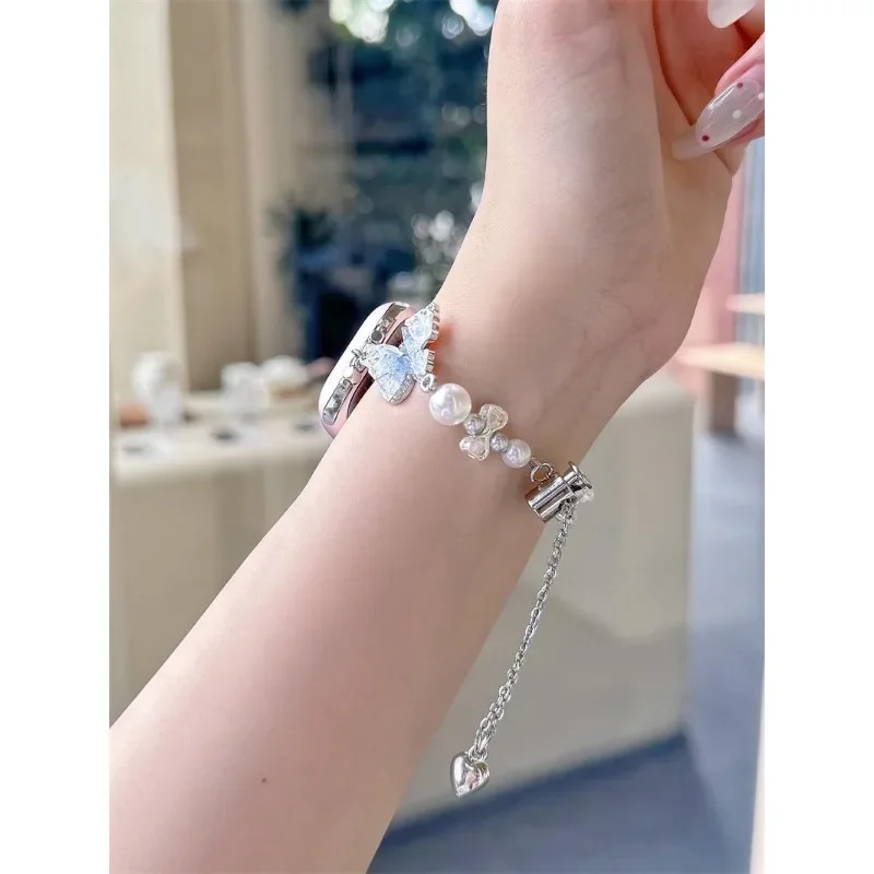 ガラス蝶パールブレスレット iWatch ストラップ 38 ミリメートル 40 ミリメートル 41 ミリメートル 42 ミリメートル 44 ミリメートル 45 ミリメートル 49 ミリメートルファッショナブルな手作りストラップと互換性