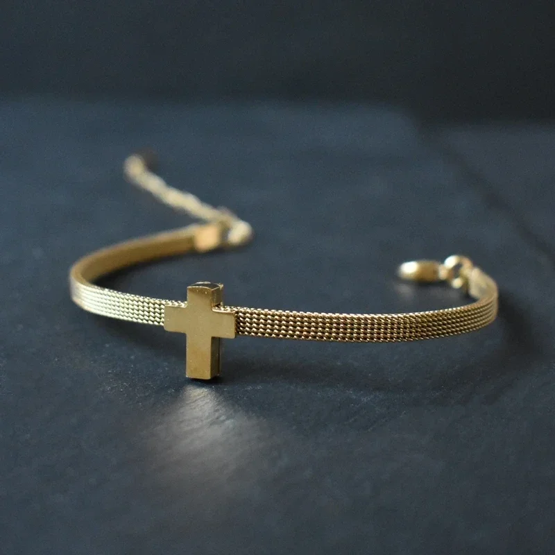 Stainless Steel Mesh Chain Bracelet for Women Dainty Cross Charm Adjustable Party Jewelry Gift for Her Birthday Anniversary