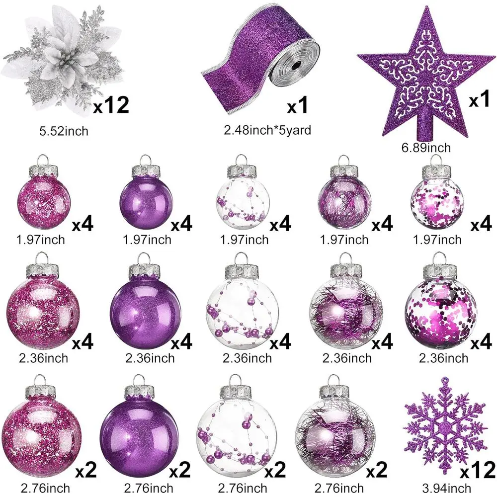 طقم زينة كرة عيد الميلاد مكون من 74 قطعة مقاومة للكسر باللون الأرجواني مع رقاقات الثلج والأشرطة والبونسيتة وطبقة شجرة