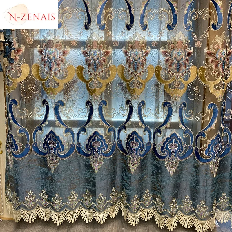 European Luxury Blue Curtains For Living Room Bedroom Embroidered Hollow Valance Tulle Chenille Custom Decoration Window Kitchen
