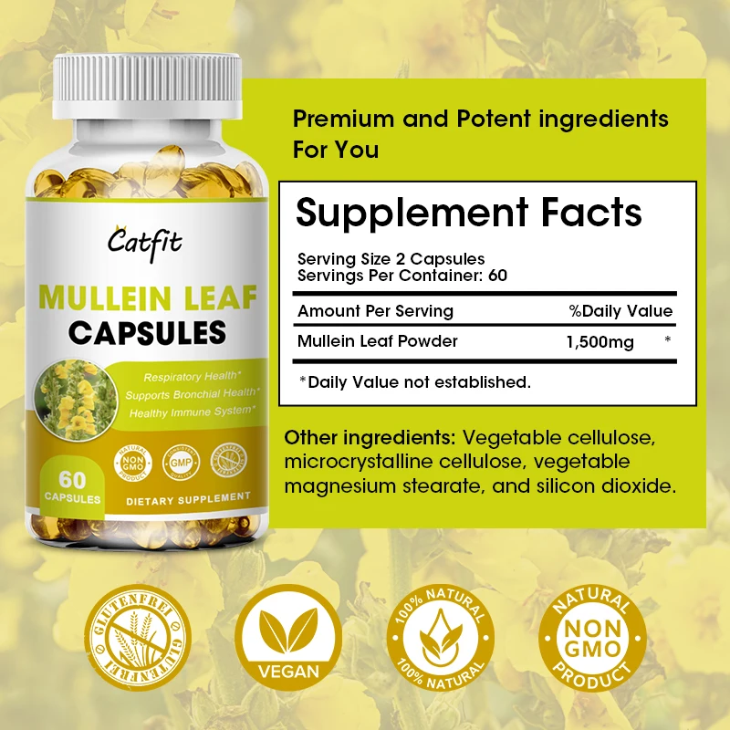 Catfit Natural 1500mg Mullein Leaf Capsules Clear Lungs Relieve Cough Digestive Health care Pain Relief Immune Mullein extract