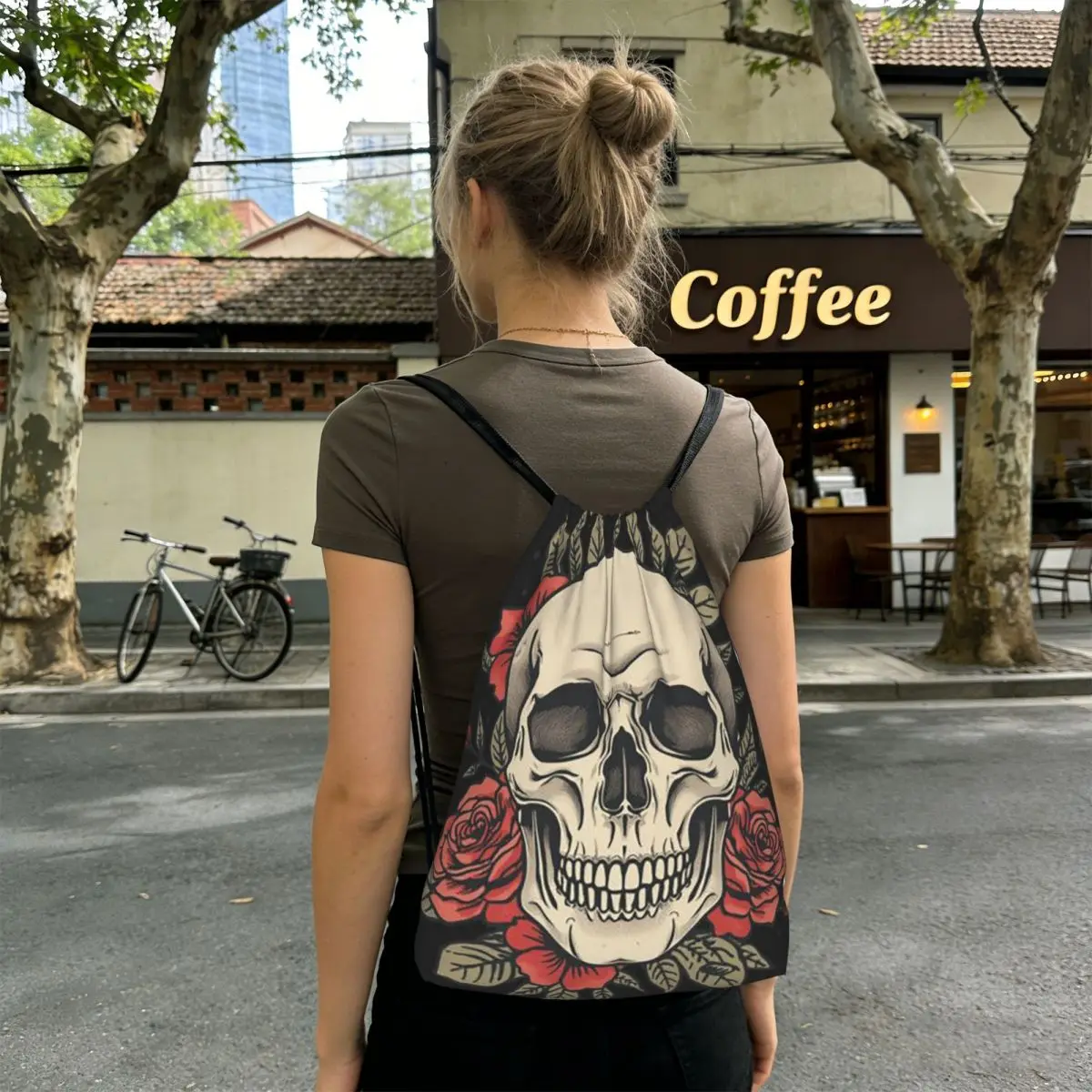 Vintage Gothic Skull Roses Backpacks Multi-function Drawstring Bags Shoes Bag Book Bags for Travel Students