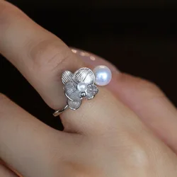 Drawing Process Silver Color Unique Texture Orchid Imitation Pearl Adjustable Ring Ladies Exquisite Elegant Daily Versatile Ring