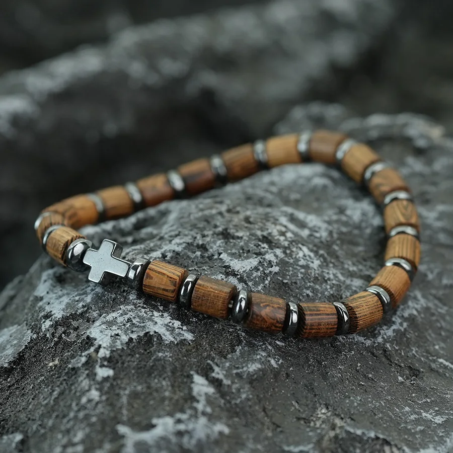 1Pcs Boho Natural Barrel Wooden Beads Bracelet for Men Black Gallstone Cross Healing Beaded Braclets Elastic Jewelry Joias view 2